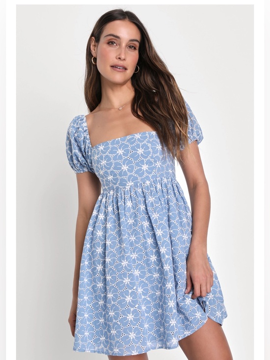 Lulus Dresses & Skirts - Lulu's Fit to Frolic Blue Eyelet Lace Puff Sleeve Babydoll Dress Sz L